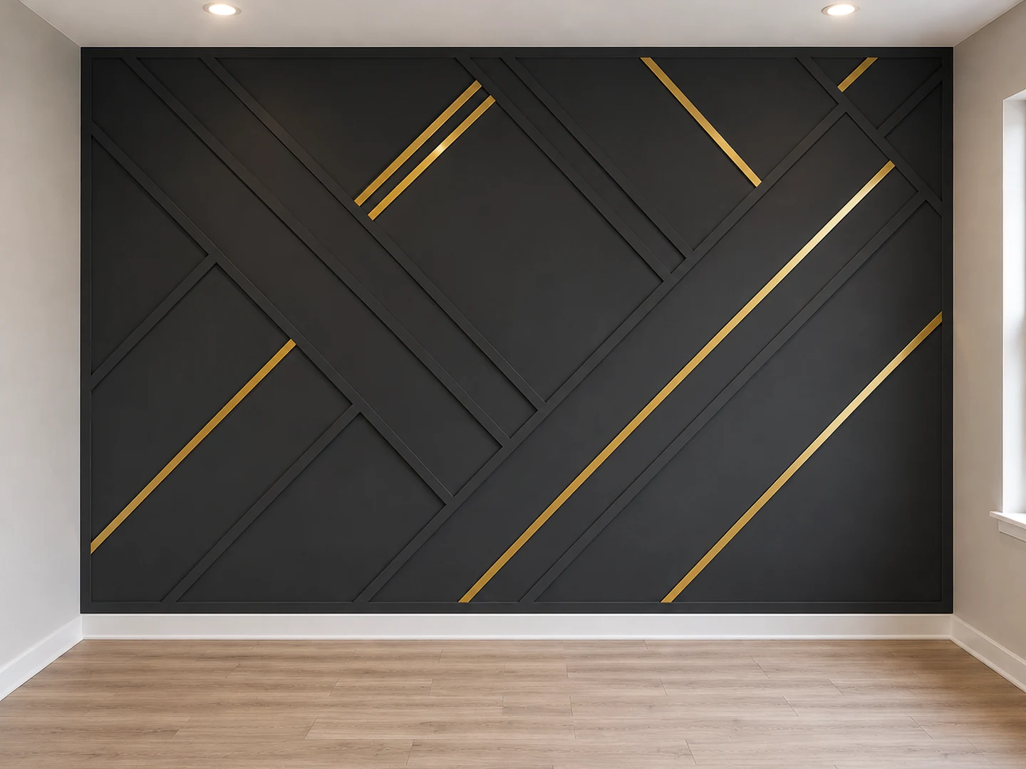 Signature geometric accent wall package example with a custom black pattern and metallic gold accent lines