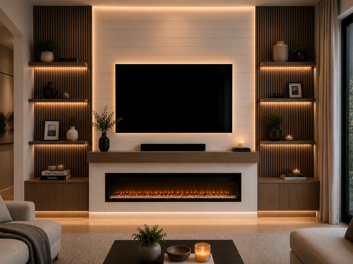 Signature fireplace and TV wall package example with shiplap center, wood slat sides, illuminated shelves, cabinets, mantel, and electric fireplace