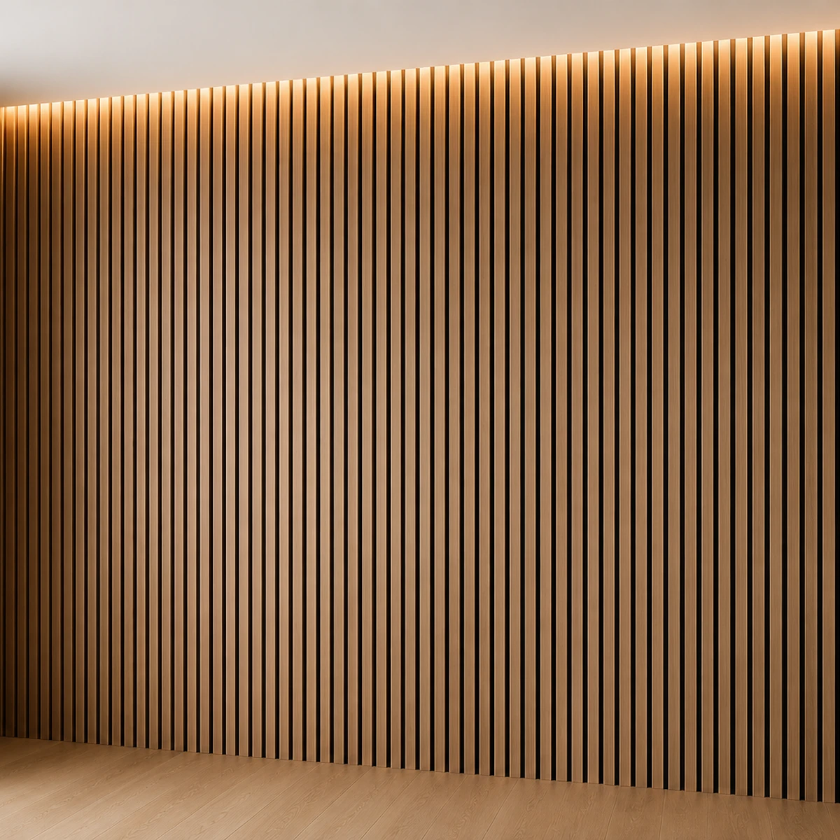 Full-height walnut acoustic slat wall with warm concealed ceiling lighting in a modern Tampa Bay interior